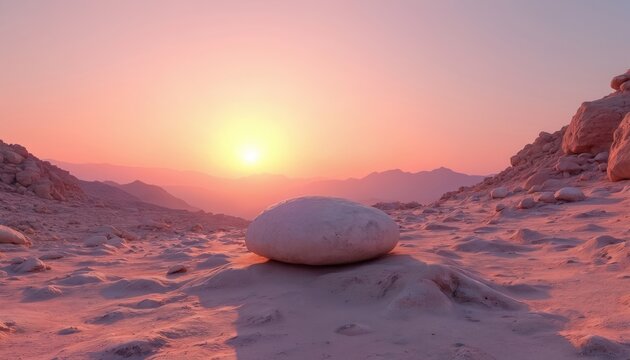 Desert landscape at sunset with large smooth rock on sandy dune. Orange and pink hues in sky. Mountains in background. Arid terrain with small rocks and sand. Peaceful serene scene at dawn.