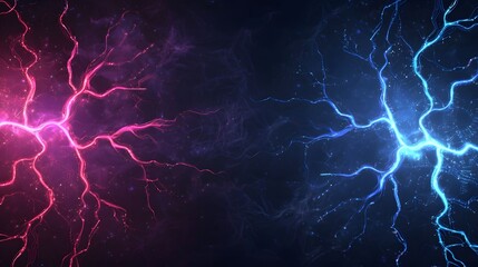 Obraz premium The image shows a digital abstract design featuring two lightning-like strikes, colored in electric blue and vibrant pink, creating a striking contrast on a dark, cosmic background.