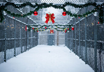 Snowy animal shelter decorated for Christmas with festive garlands  