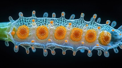 Macro view of fern sporangium with bright orange spore capsules and translucent protrusions showcasing intricate plant reproductive cellular detail