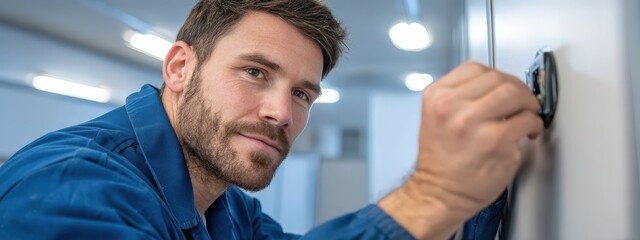 Fototapeta premium Electrician in a blue uniform and cap repairing or installing commercial office lighting looking upwards