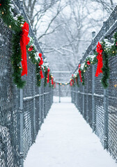 Winter path decorated with red bows and greenery prison in snowfall  