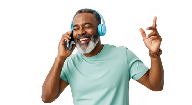 Man with headphones talking on phone isolated on transparent background