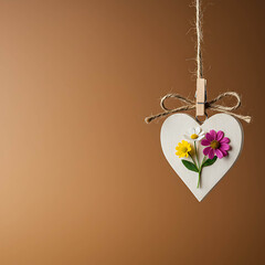 Heart-shaped card with colorful flowers hanging on brown background  