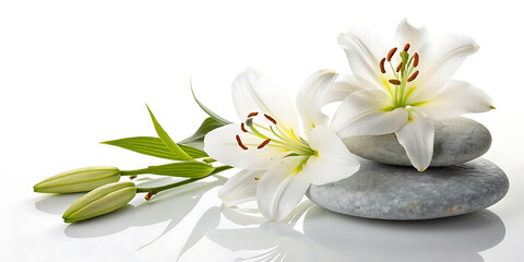 White lilies and stones arranged in a tranquil spa setting  