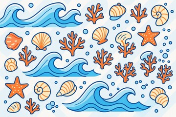 Creative seamless pattern with ocean waves, seashells, coral, and sea stars on a light blue background showing playful marine life elements. Ai generative