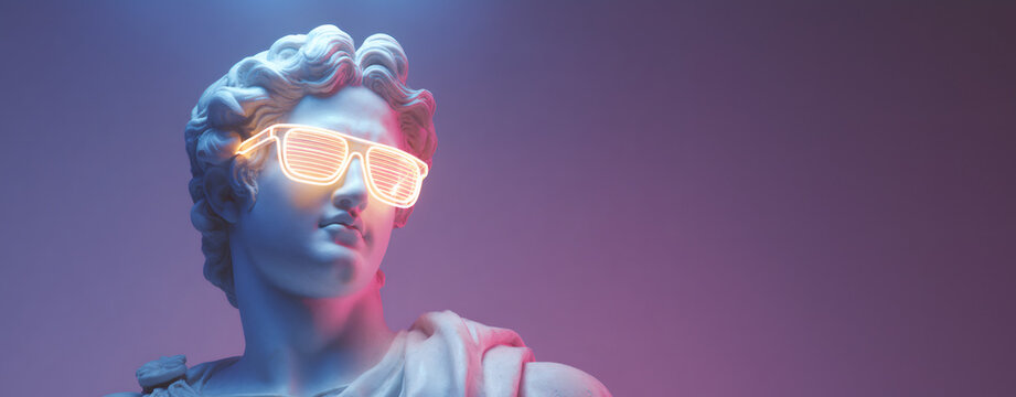 Man ancient statue wearing trendy sunglasses on purple background. Retro greek sculpture with modern visor. Vaporwave artistic concept.