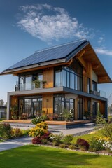 Fototapeta premium Modern House with Solar Panels on the Roof in a Green and Sunny Garden