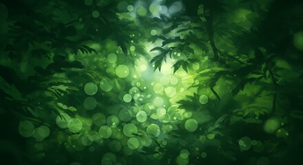 Abstract dark green foliage with shimmering light and bokeh effect creating a mysterious forest atmosphere.