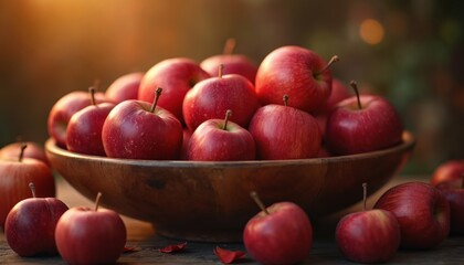 A wooden bowl overflows with bright red apples, bathed in the warm glow of soft sunset light. Scattered fruit rests on a rustic wooden surface.