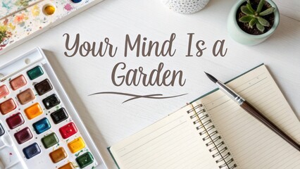 Inspirational workspace with watercolor palette, notebook, pen, succulent, and motivational quote on a wooden table