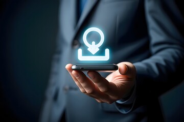 Man in suit holding smartphone with glowing download icon hovering above the device in dark setting