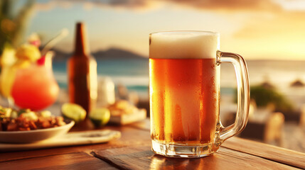 A glass beer mug sits on a wooden table at a beachside bar during sunset, reflecting warm light. Tropical cocktails and snacks create a relaxing scene by the ocean
