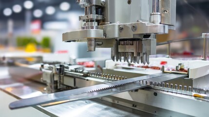 Fototapeta premium High-Precision Industrial Machine Part in a Modern Manufacturing Facility with Advanced Technology Displayed in Focus