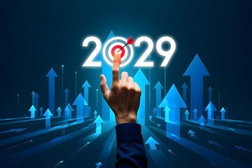 A hand pointing at the year two thousand twenty nine with arrows going up on a blue background