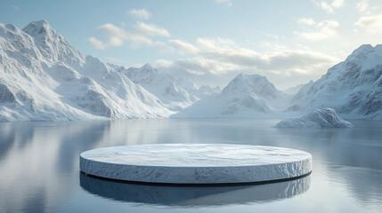 White round podium floating on blue water with snowy mountains in the background, perfect for showcasing winter products