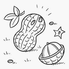 A whimsical hand drawn illustration of a smiling peanut character with leaves and a basket of peanuts on a white background
