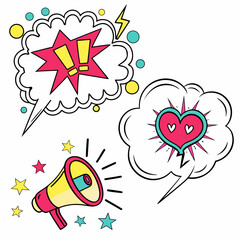Colorful pop art style speech bubbles featuring exclamation marks heart and megaphone with stars and circles on white background