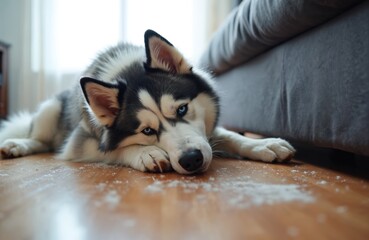 Fluffy siberian husky rests on wooden floor indoors near bed. Dog has bright blue eyes and is shedding fur. Scattered white fur clumps around pet suggest it needs grooming or seasonal coat loss.