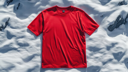 Red t-shirt top view presentation on pristine white snow, creating stark visual contrast for apparel concept