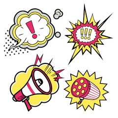 Collection of comic book style speech bubbles and sound effects featuring exclamation points and a megaphone
