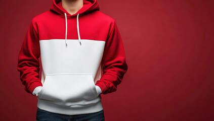 Studio shot of a man wearing a red and white hoodie with his back to the viewer, emphasizing casual style and anonymity