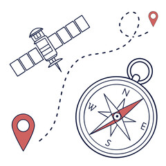 Satellite navigation and compass guiding a journey with location pins and a dotted line path