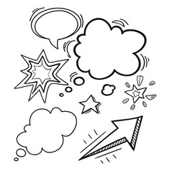 Collection of hand drawn comic book style speech bubbles thought bubbles stars and an upward trending arrow on a white background