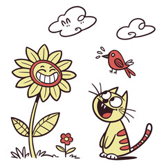 A happy cartoon cat looks up at a smiling sunflower and a singing bird under whimsical clouds on a sunny day