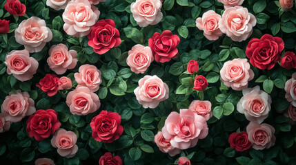 Vibrant roses displaying soft pink and red petals, creating romantic floral composition with elegant decorative potential
