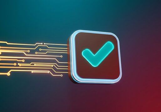 A glowing teal checkmark inside a square icon, connected to a digital circuit board pattern.