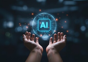 Hands holding a glowing AI symbol, representing artificial intelligence and technological innovation.
