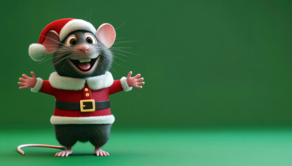 Cheerful mouse in santa outfit, spreading arms widely, grinning against soft green blurred backdrop