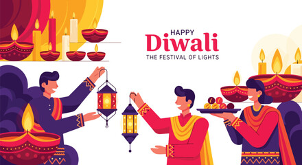 flat style illustration of people celebrating Diwali with lanterns, sweets, and oil lamps near a decorated altar, symbolizing joy, togetherness, and the festival of lights for festive greetings © meeblues