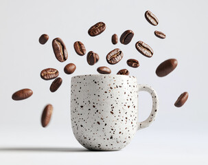 Roasted coffee beans cascading into a white coffee cup, creating a delightful scene against a soft light gray background