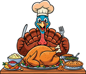 Chef Turkey Thanksgiving Dinner Feast Vector Graphic