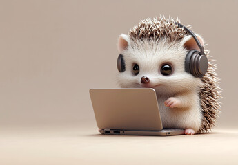 Hedgehog wearing wireless headphones, typing on laptop, embodying remote working digital nomad culture
