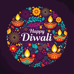 Illustration art of festive Diwali greeting with glowing oil lamps, floral ornaments, and fireworks, symbolizing celebration, joy, and the festival of lights for holiday cards and marketing