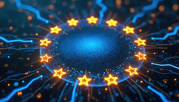 Digital EU stars glow on futuristic circuit board. Data streams flow through cyber network. Virtual intelligence, innovation and tech concepts visualized. Global tech power.