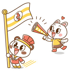 Cute cartoon bears celebrating with a flag and megaphone conveying excitement and team spirit in a cheerful illustration
