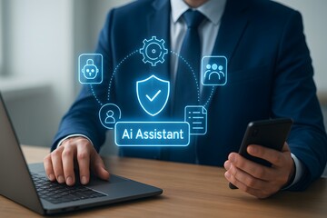 AI Assistant Icons with Secure Workflow on Laptop and Phone