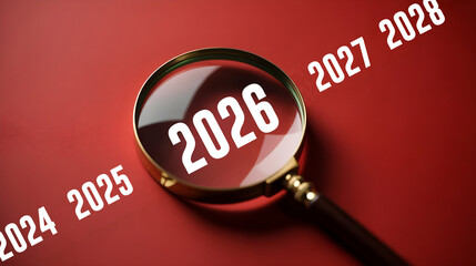 Magnifying glass focuses on 2026 future year forecasts and planning vision