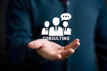 Hand holding consulting icon with team and speech bubble on dark blue background in a business concept