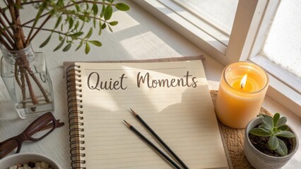 Serene Workspace with Notebook, Candle, Glasses, and Greenery for Quiet Moments of Reflection and Inspiration