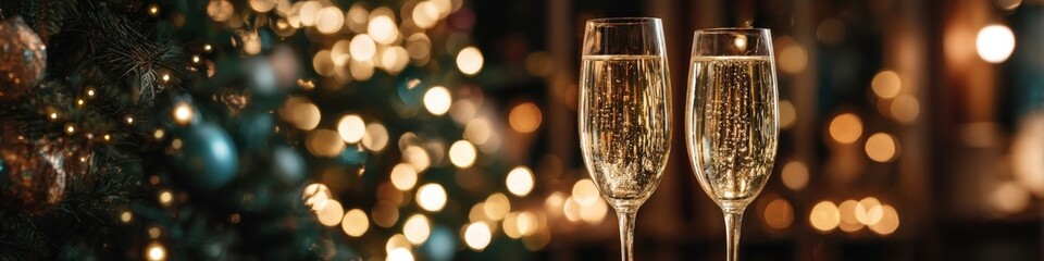 Obraz premium A cozy New Year's Eve: Two glasses of champagne against a background of golden bokeh lights and a Christmas tree