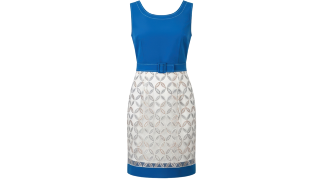 Isolated sleeveless sheath dress in blue with circular pattern skirt, clean simple fashion