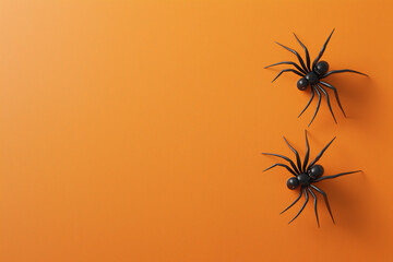 Orange background with spiders in Halloween style. 