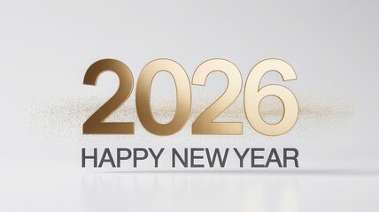 Golden 2026 Happy New Year text with sparkling particles on a white background.
