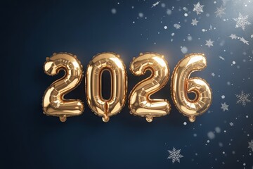 Golden balloons spelling out the year 2026 with a dark blue background and falling snowflakes.