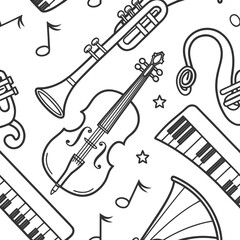 Seamless black and white doodle pattern featuring musical instruments like violins trumpets saxophones and pianos with music notes and stars scattered around for a playful design